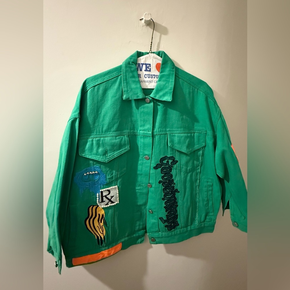 One-of-a-Kind Green Denim Jacket with Embroidered Patches